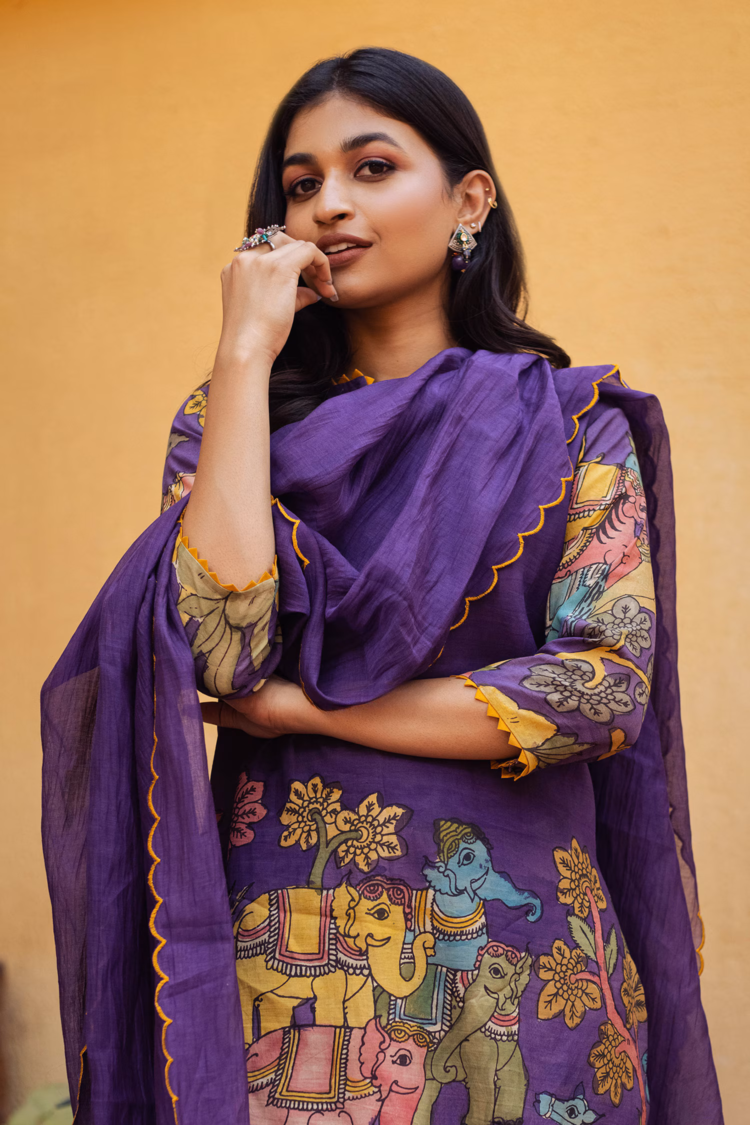 Purple cotton kurta featuring deer and elephant print with border dupatta