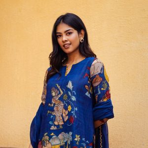 Blue silk rayon kurti featuring hand painted kalamkari designed with border dupatta