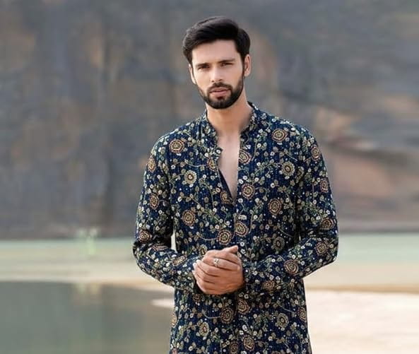 Navy blue floral print men's kurta with cream pajamas