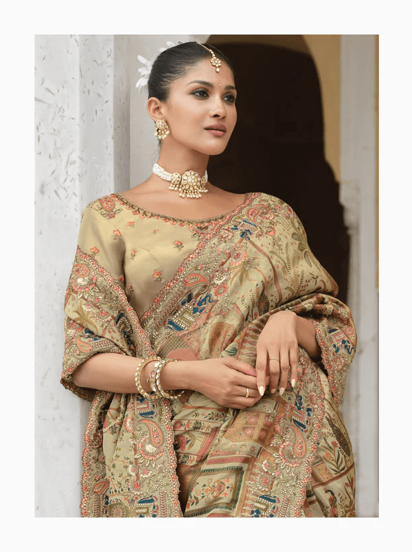 Golden traditional position print saree with intricate floral patterns and elaborate handwork embroidery