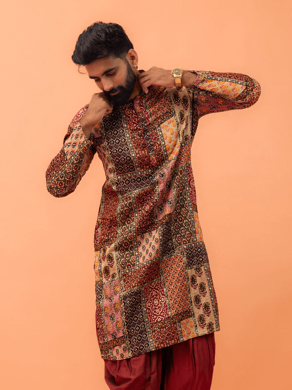 Multi-color printed cotton blend men's kurta with maroon churidar.
