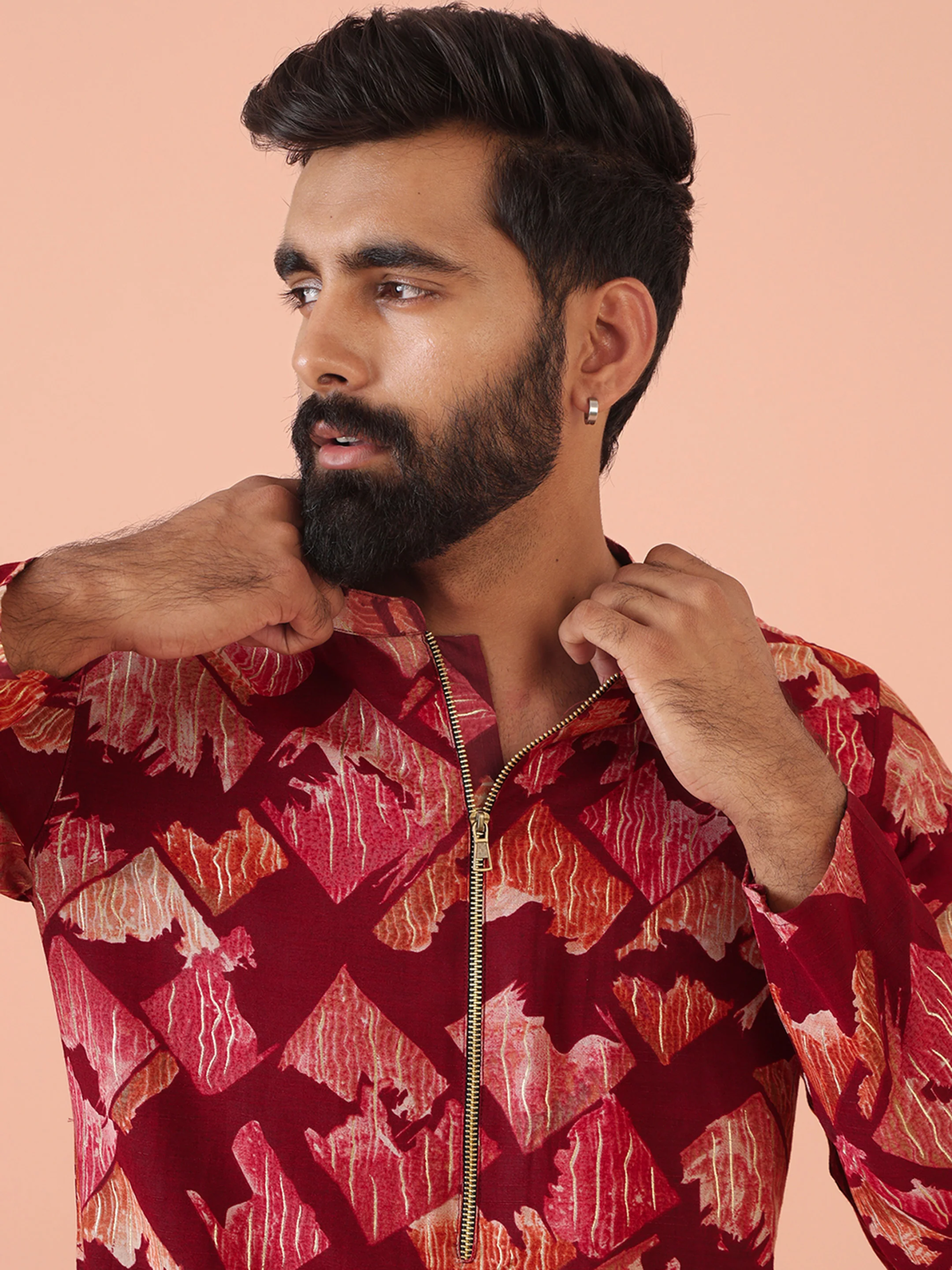 Maroon printed cotton silk men's kurta with cream accents.