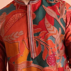 Men's maroon cotton blend kurta with vibrant multicolor floral and leaf patterns