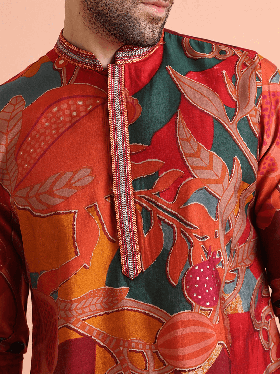 Men's maroon cotton blend kurta with vibrant multicolor floral and leaf patterns
